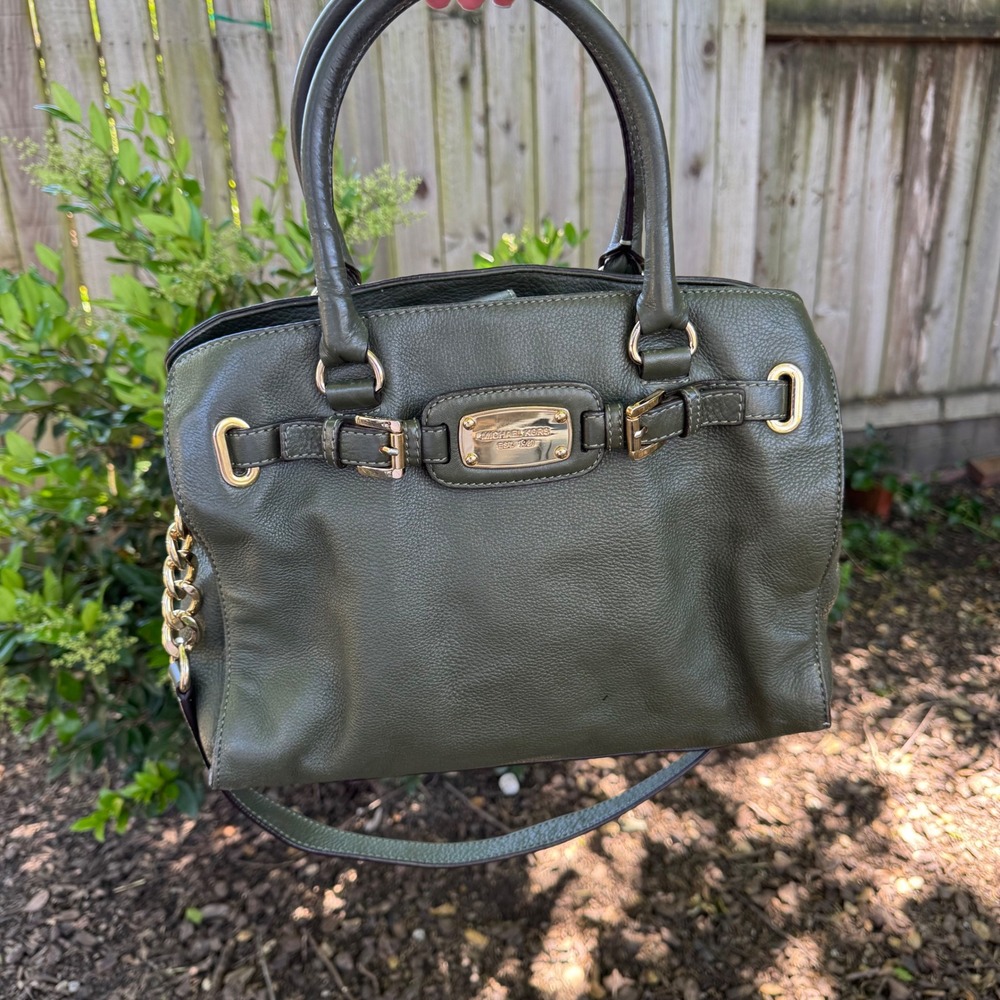 Michael‎ Kors Hamilton Olive Green Pebbled Leather Satchel Bag Gold Hardware